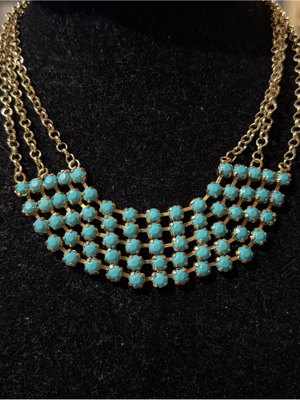 Exotic Elegant Gold-Tone Turquoise Multi-Row Statement Necklace 18”